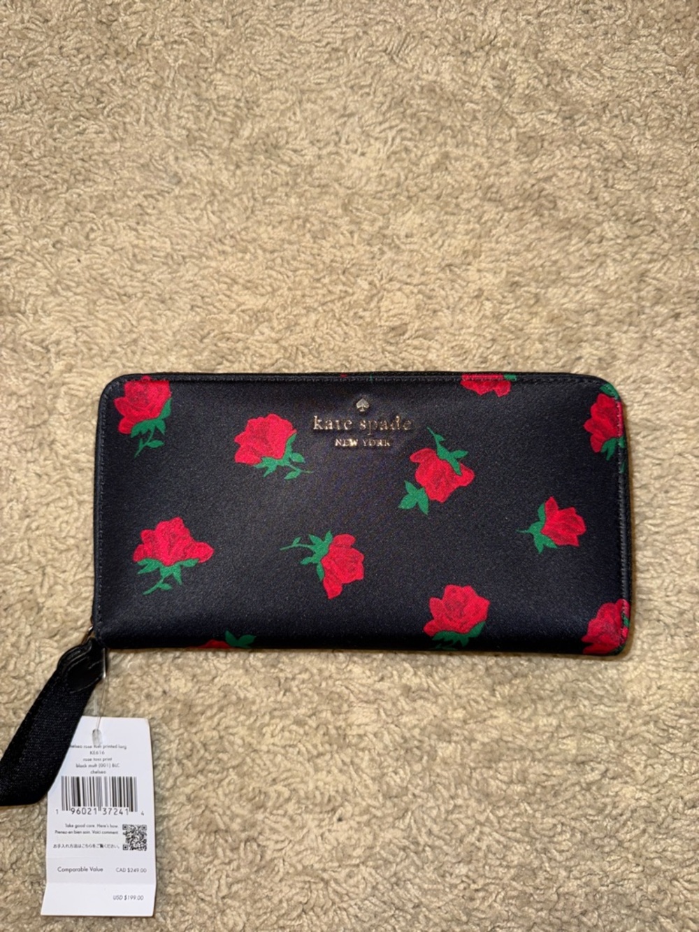 kate spade black floral zip-around wallet with red roses